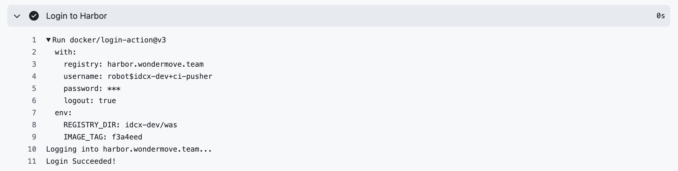 Login to Harbor step log